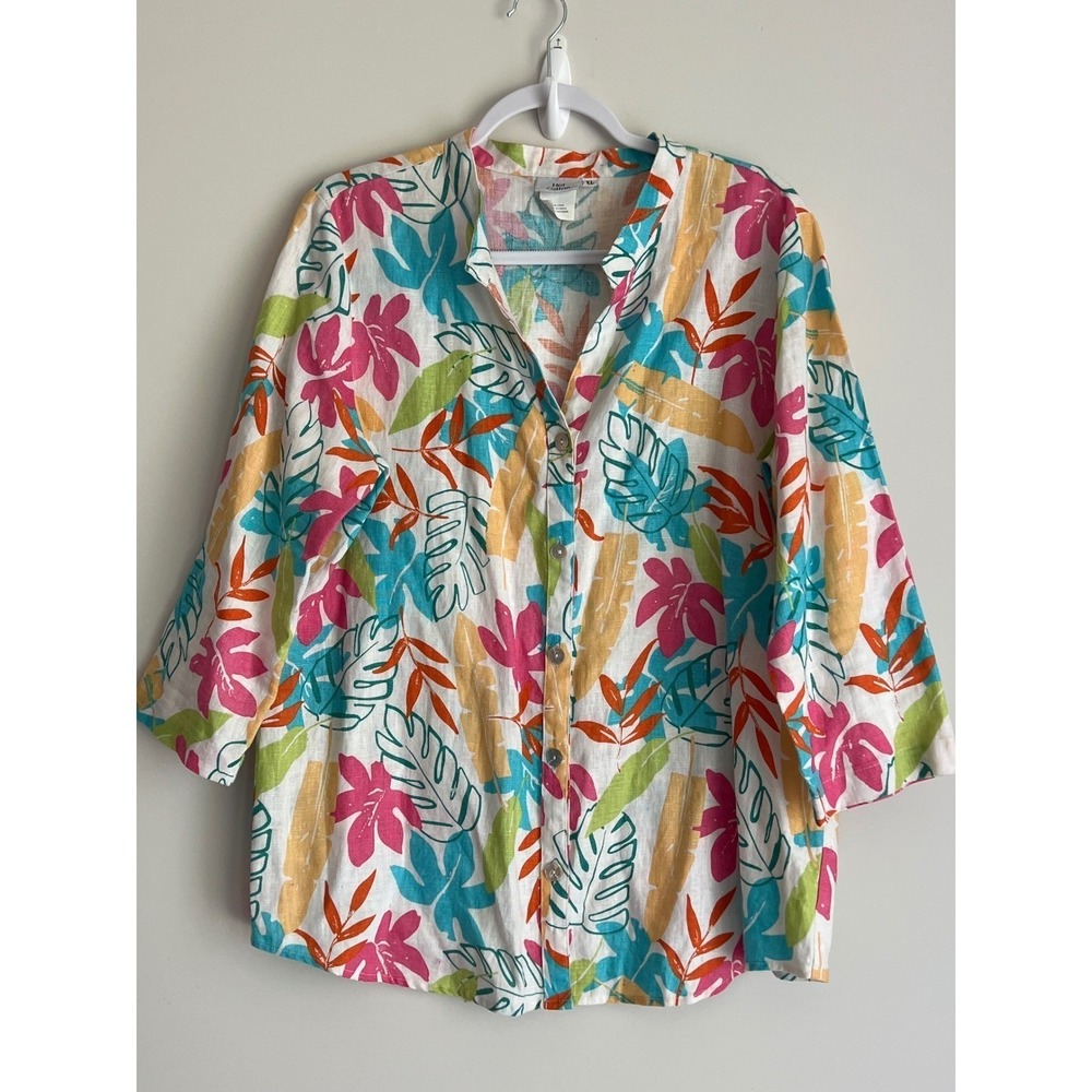 Hot‎ Cotton Womens XL Linen Tropical Leaf Print Button Front Shirt 3/4 Sleeve